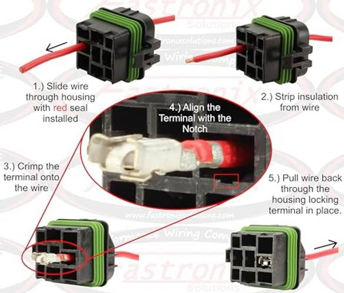 Relay socket kit installation steps with wired connector and terminal wiring diagram
