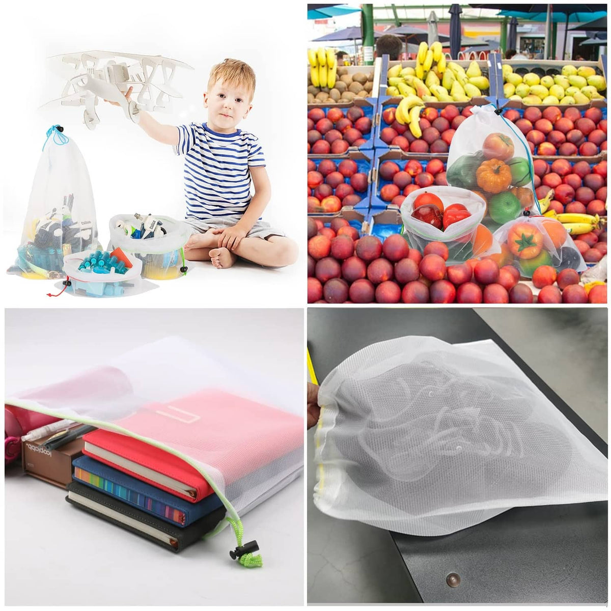 Reusable mesh produce bags with blue drawstring ties in grocery setting