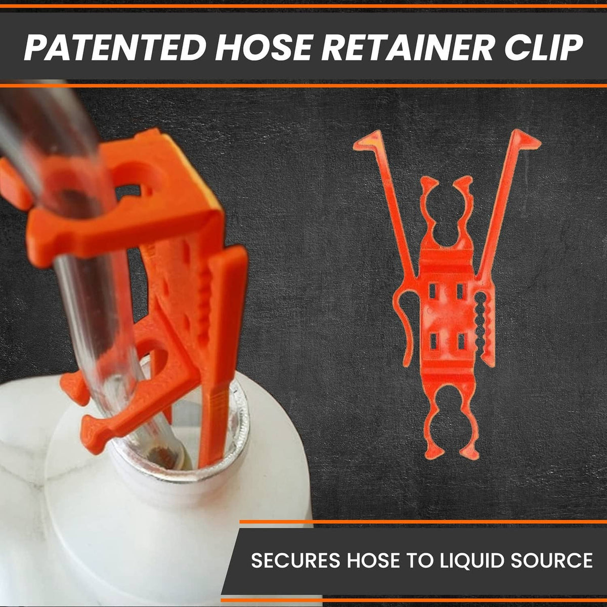 White shut-off clip attached to clear siphon hose for stopping flow