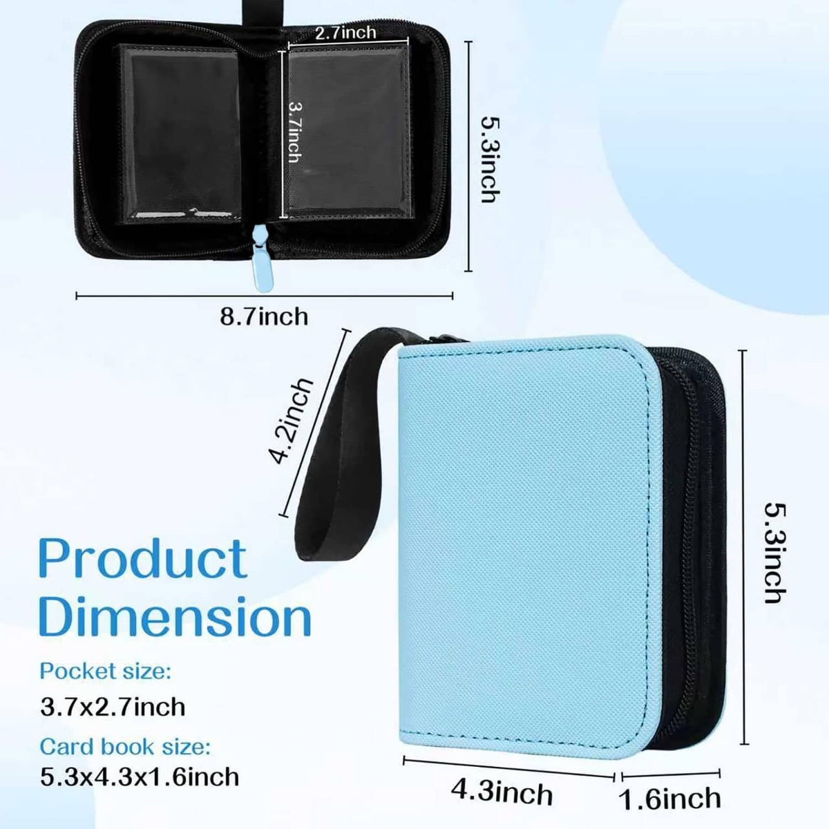 Light blue mini trading card binder with carry strap, black zipper, and compact size