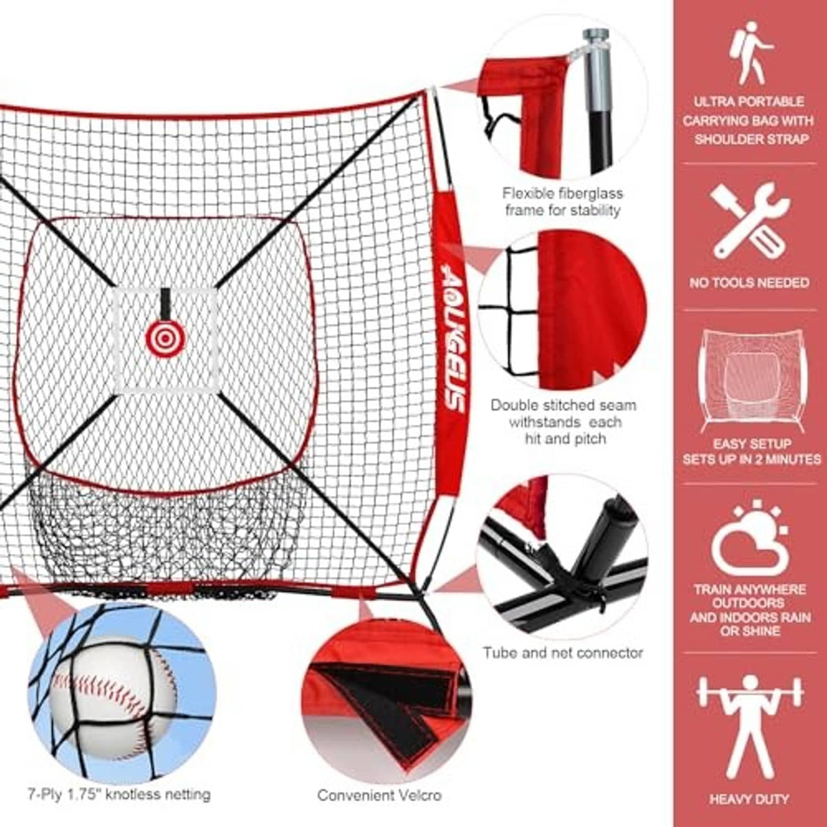 Red and black pitching net with flexible frame and target panel, plus carrying bag