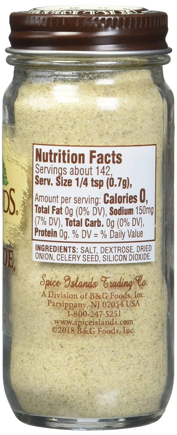 Spice Islands Beau Monde seasoning jar back with Nutrition Facts panel