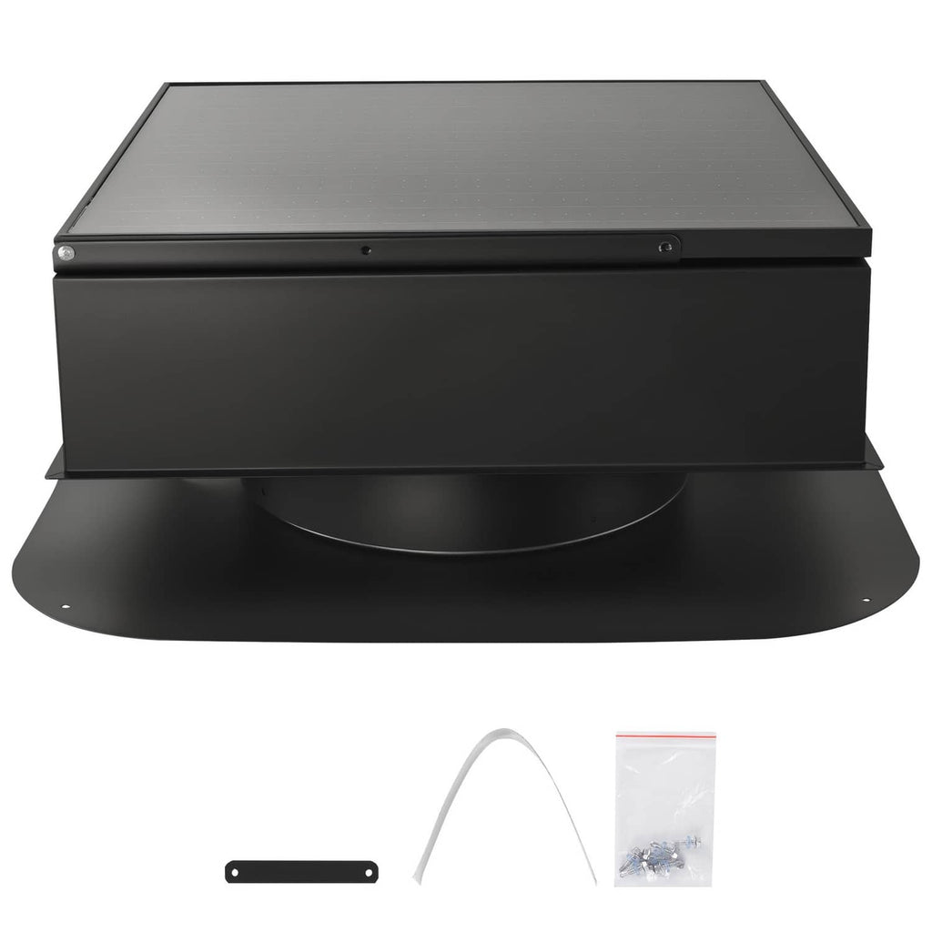 Solar roof attic exhaust fan with dark housing and tilted gray solar panel cover