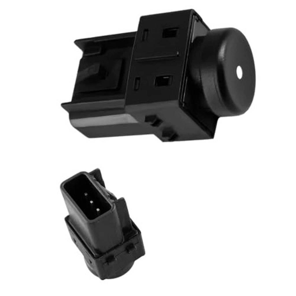 Black door lock switch module with round actuator button and pin connector housing