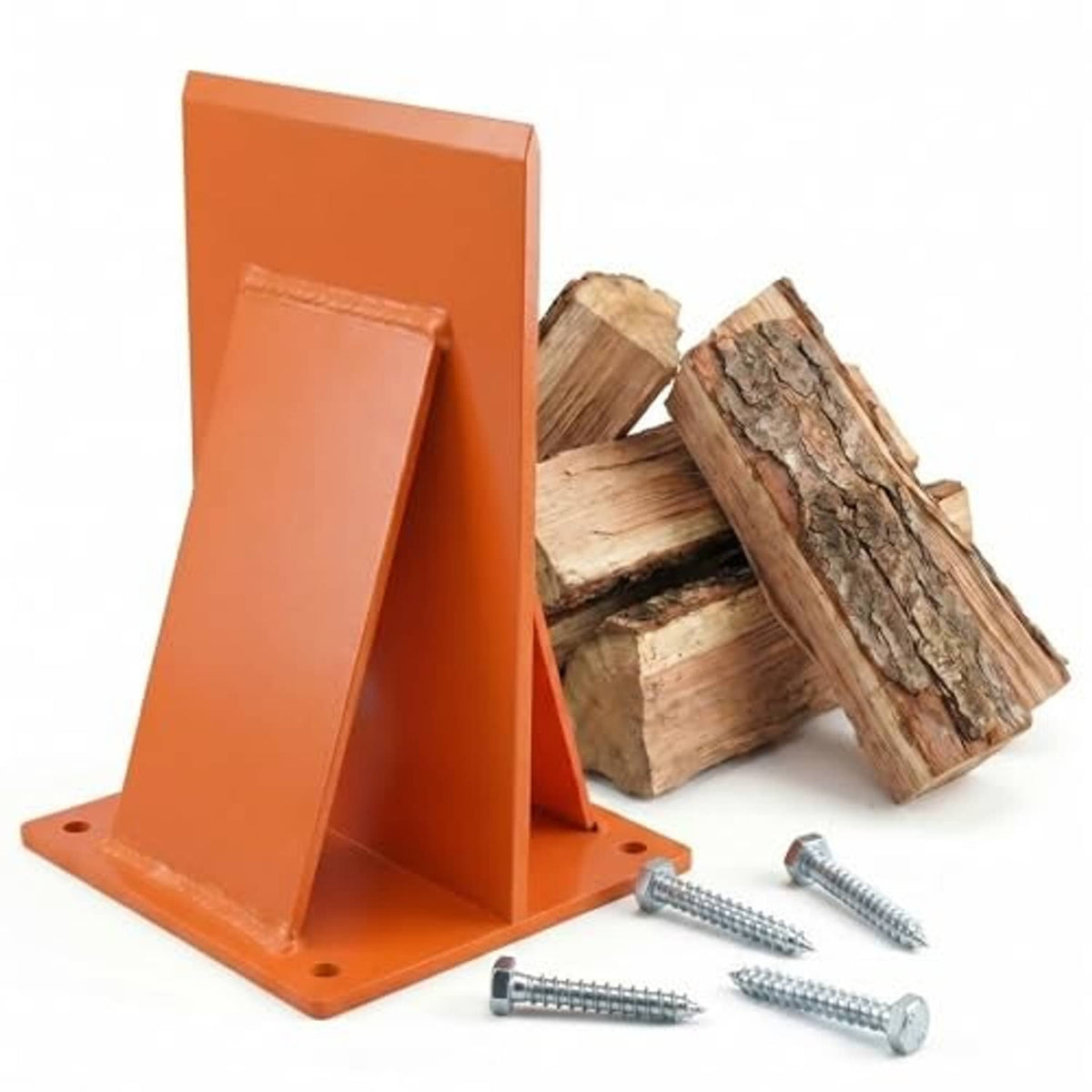 Orange firewood kindling splitter stand with base plate and included screws