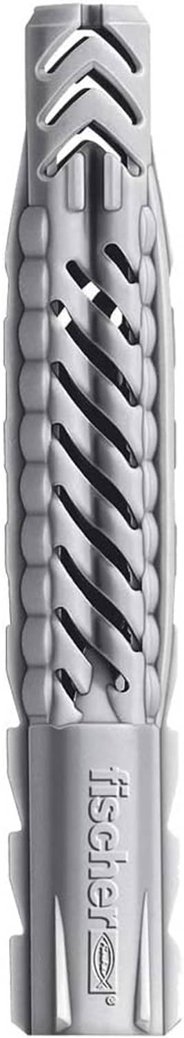 Gray fischer UX expansion plug with ribbed grip threads, close-up view