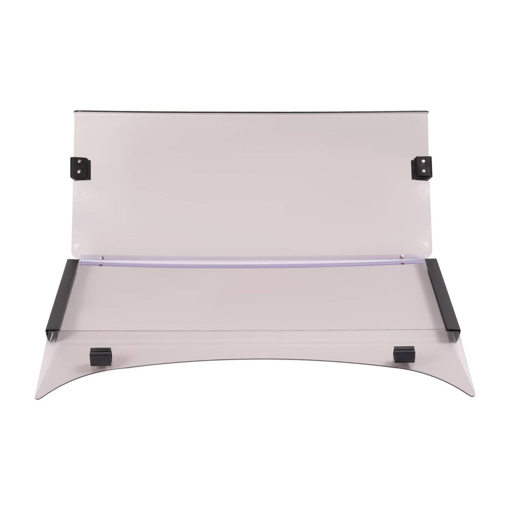 Tinted fold-down golf cart windshield with clear light-tint panel and black mounting brackets
