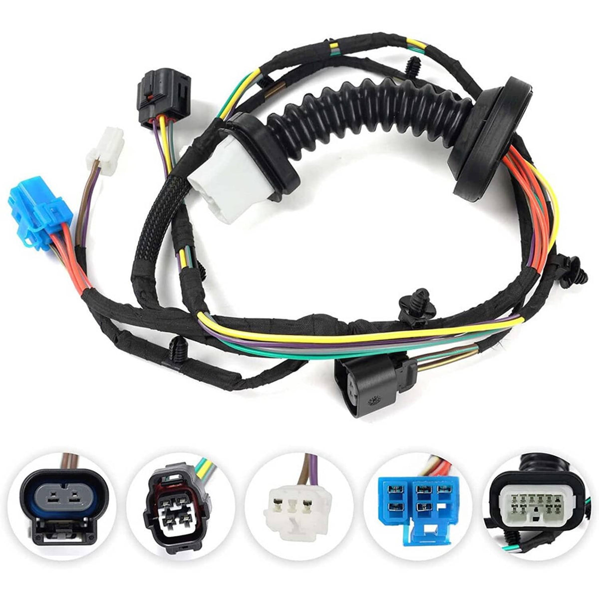 Rear door wiring harness with corrugated conduit and various black, white, and blue connectors