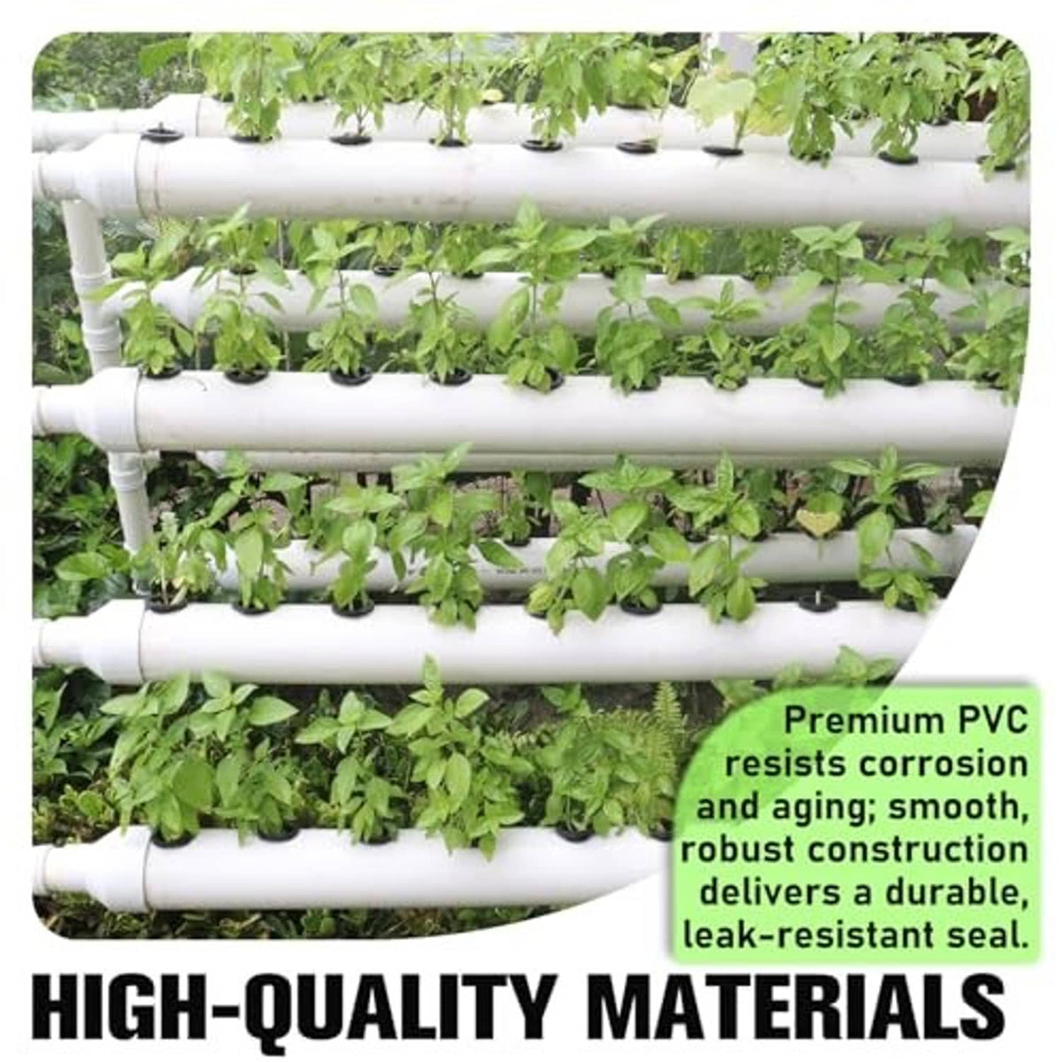 White PVC end cap fitted on a white pipe in a hydroponic rack