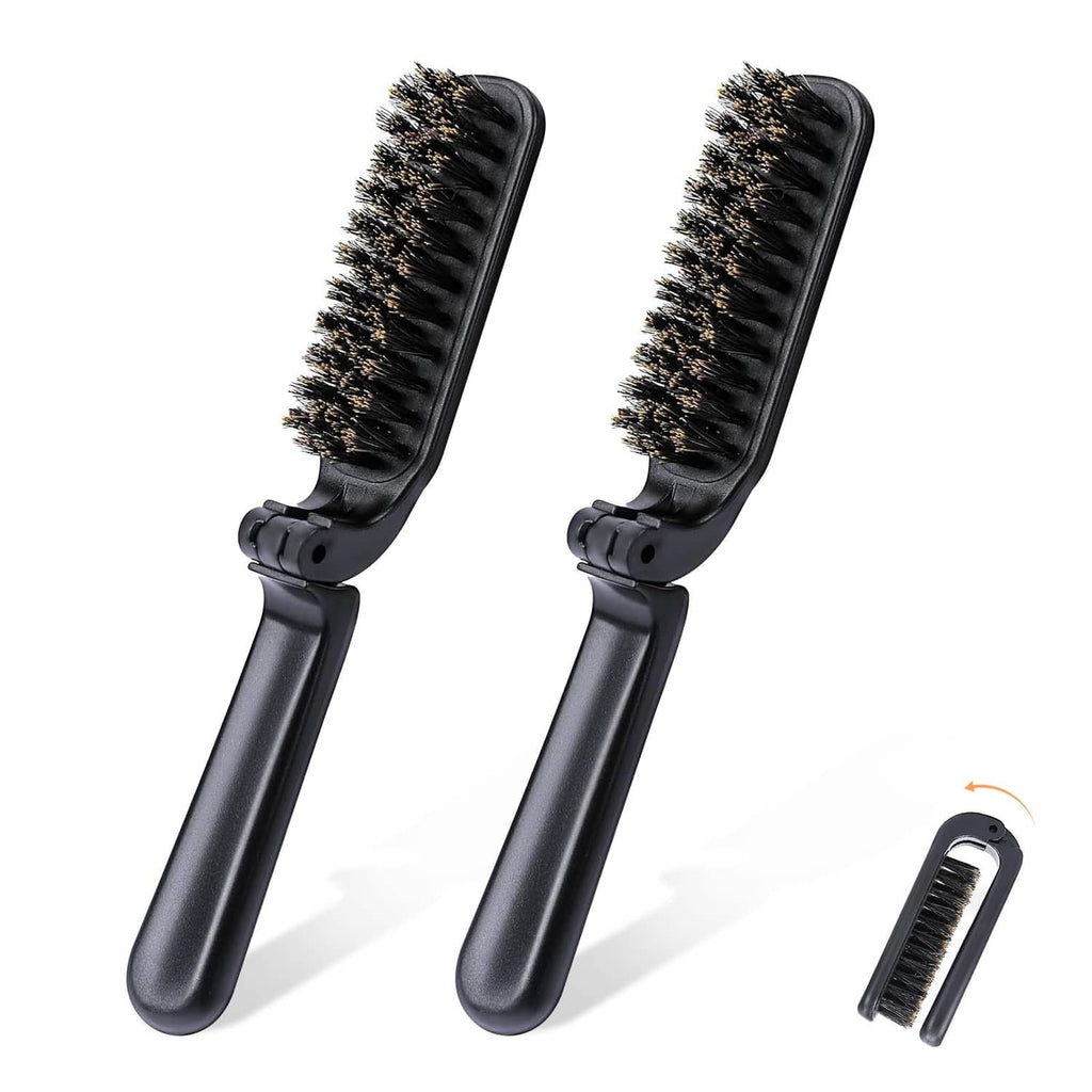 Mini folding boar bristle hair brush set, black, two compact brushes