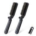 Mini folding boar bristle hair brush set, black, two compact brushes