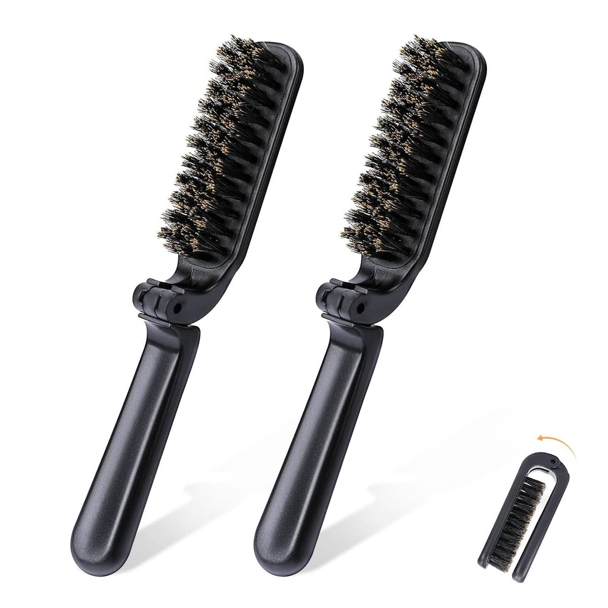 Mini folding boar bristle hair brush set, black, two compact brushes