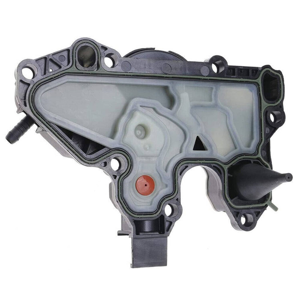 Oil separator valve assembly with gray internal cover, black housing, and orange insert
