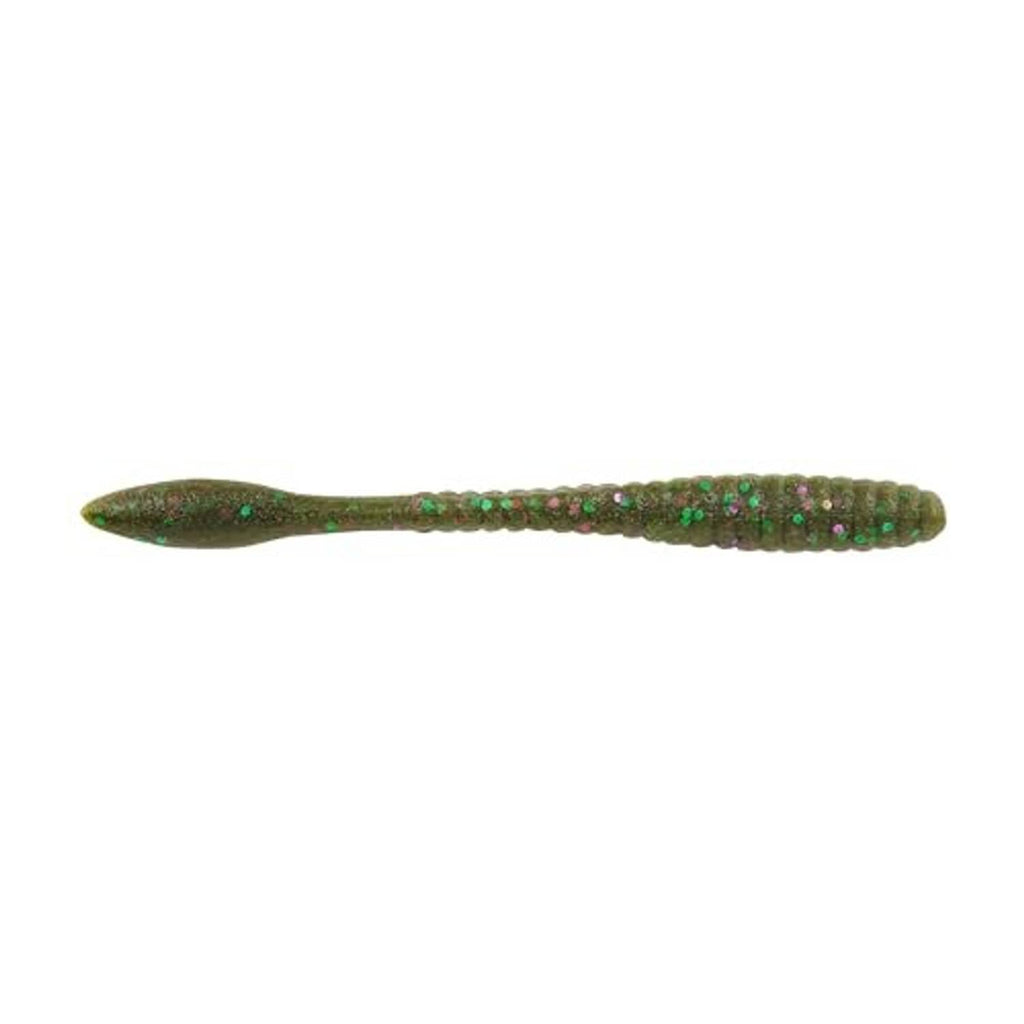 Green pumpkin soft plastic finesse lure with purple and green speckled sparkles