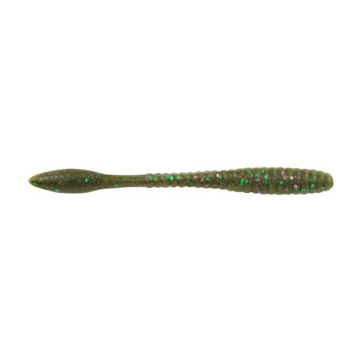 Green pumpkin soft plastic finesse lure with purple and green speckled sparkles