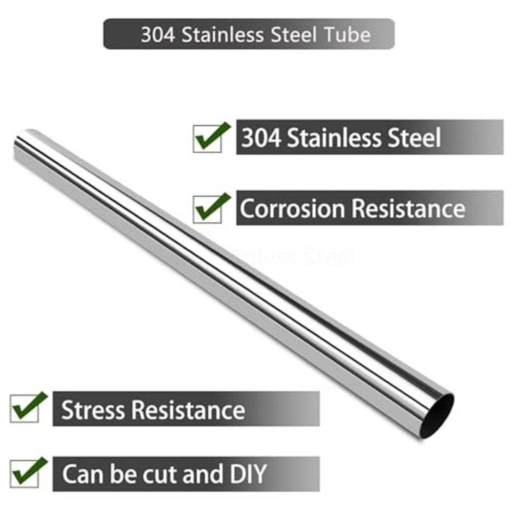 Polished 304 stainless steel tube with smooth surface, dark open end; angled view