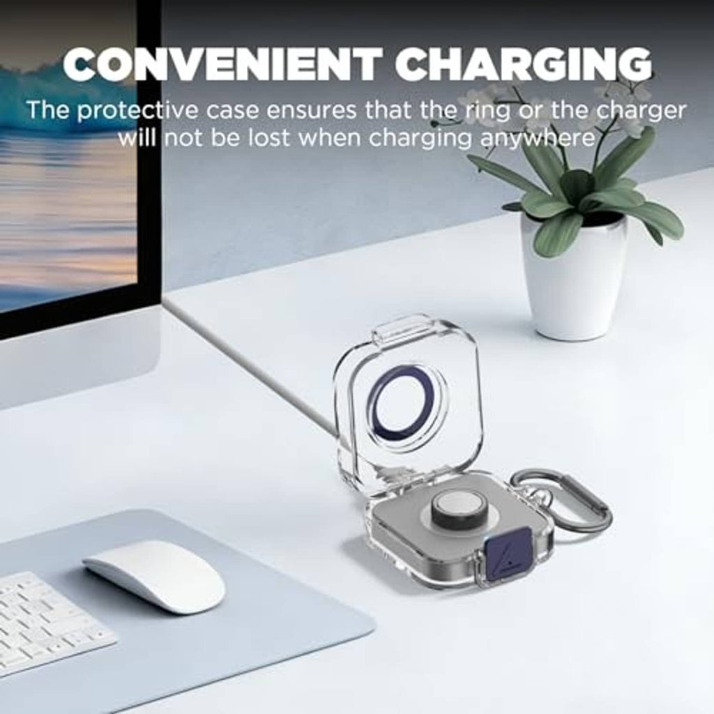 Clear protective ring charger case with gray base, blue lock tab, and carabiner keychain