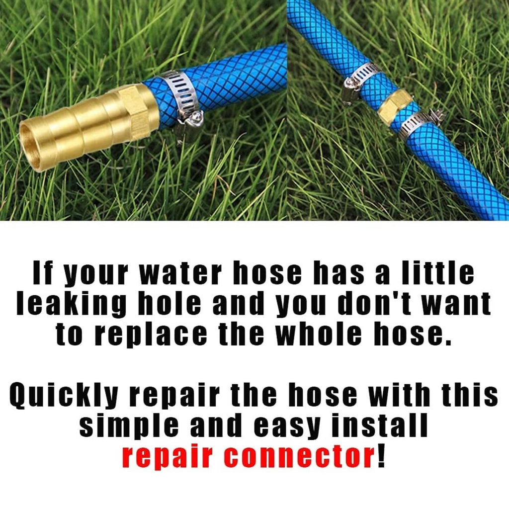Brass 5/8 in hose repair connector with metal clamp on blue garden hose