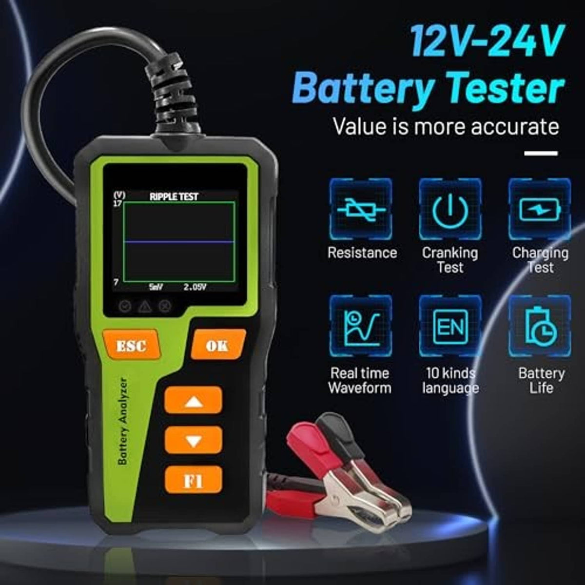 Handheld car battery analyzer tester with LCD screen and orange buttons