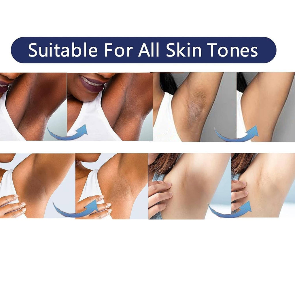 Skin lightening cream application steps on various body areas, shown in panels