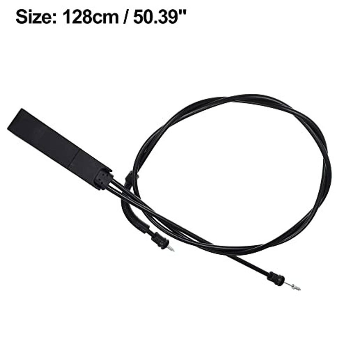 Black hood release cable with molded handle bar and wire length, 128cm