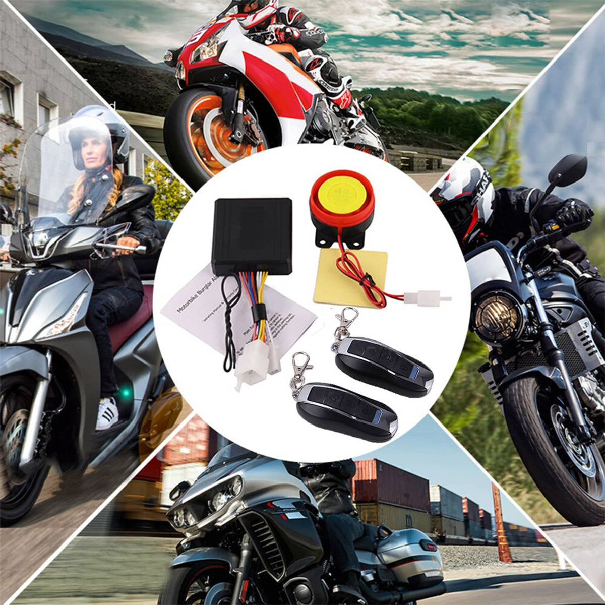 Motorcycle alarm security kit with two key fobs, red siren button, ECU box, and wiring