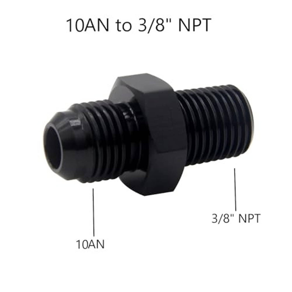 Black AN-to-NPT male adapter fitting with flared AN side and 3/8 NPT end