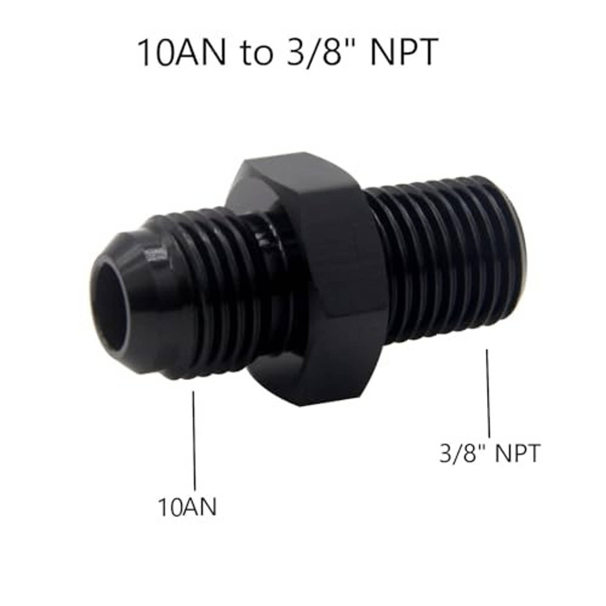 Black AN-to-NPT male adapter fitting with flared AN side and 3/8 NPT end