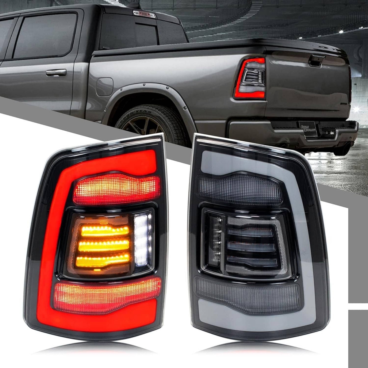 Pair LED tail lights with red and clear lenses, black housing, visible amber and red LED bars