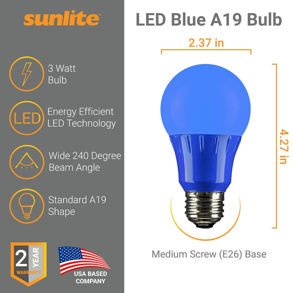 Blue A19 LED bulb graphic with medium screw base (E26)