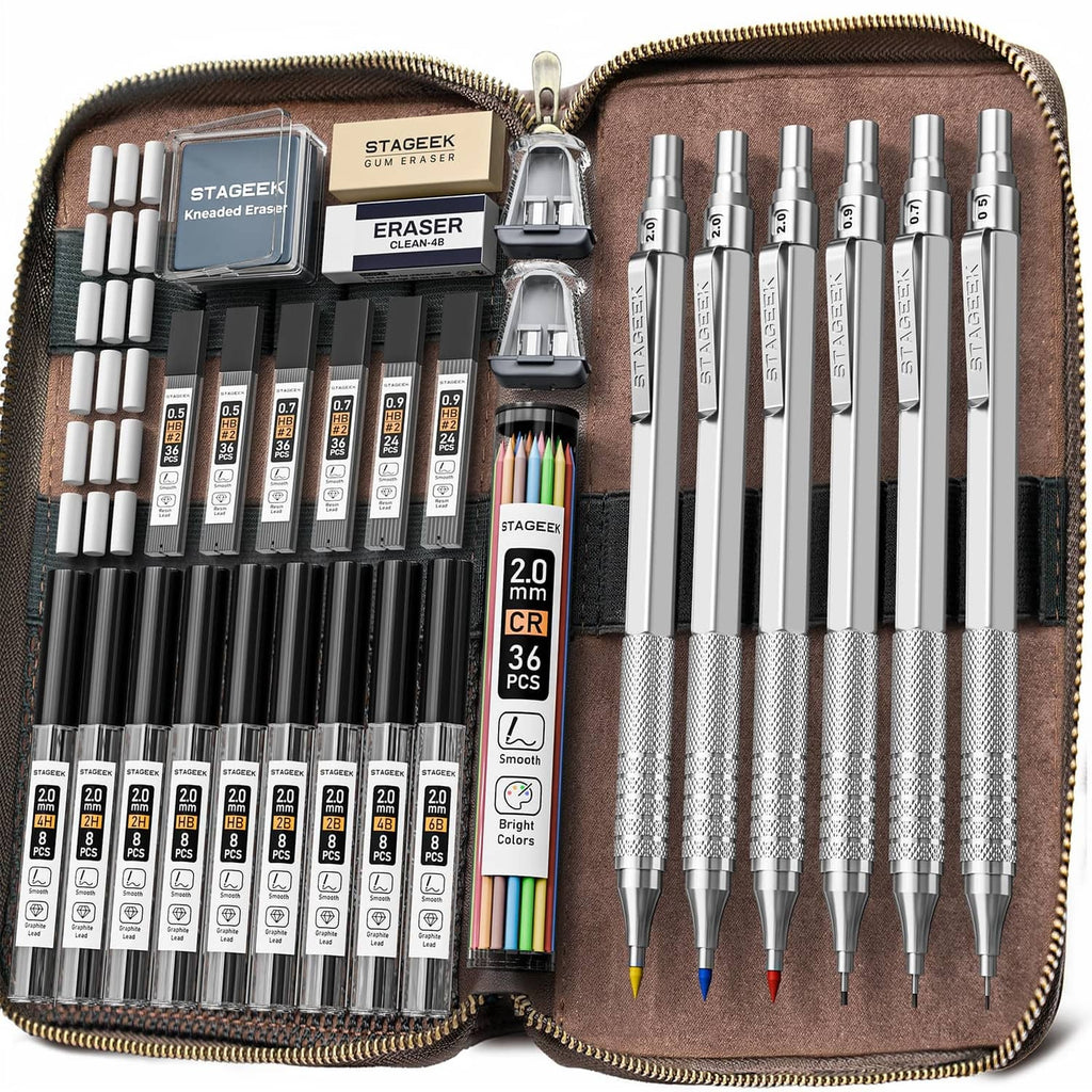 Silver mechanical pencil set in brown zip case with multiple pencils and erasers