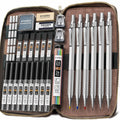 Silver mechanical pencil set in brown zip case with multiple pencils and erasers
