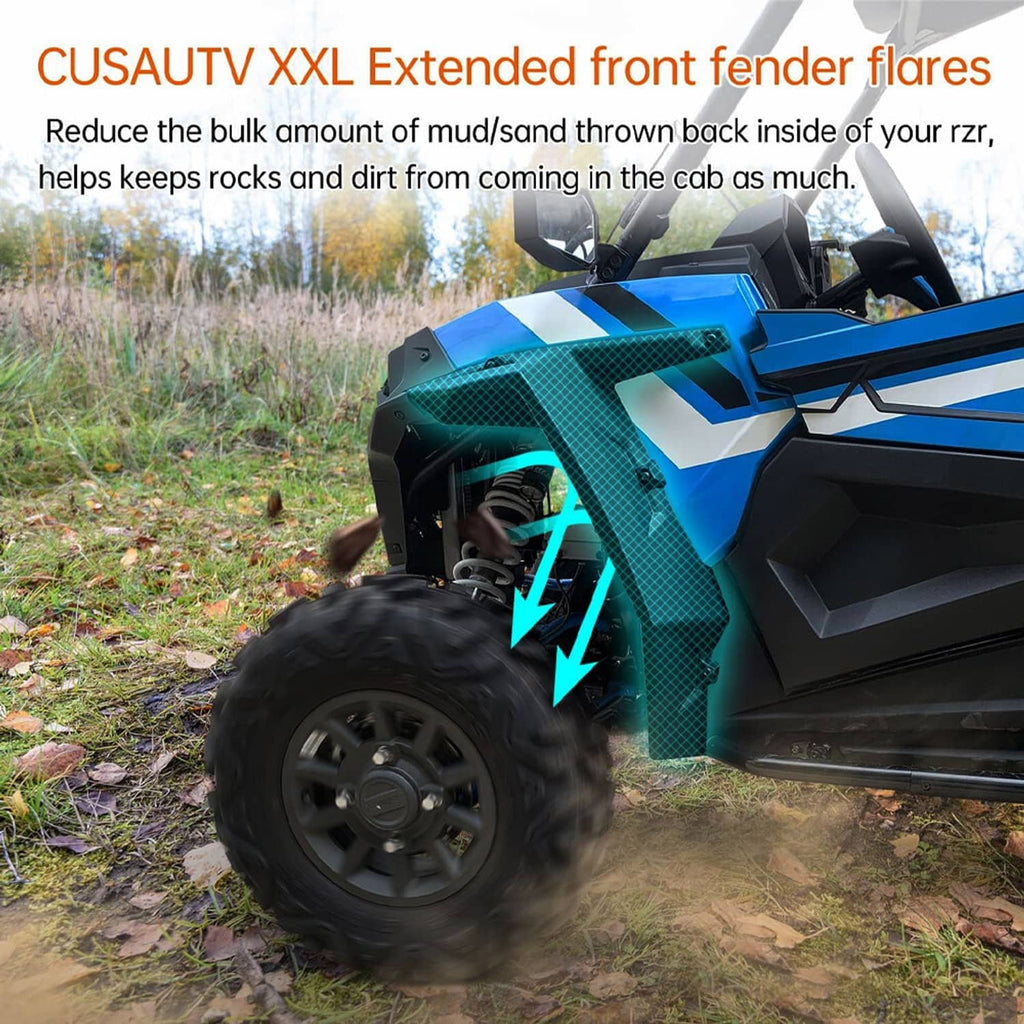 Front extended fender flare panels in matte black on a blue off-road UTV