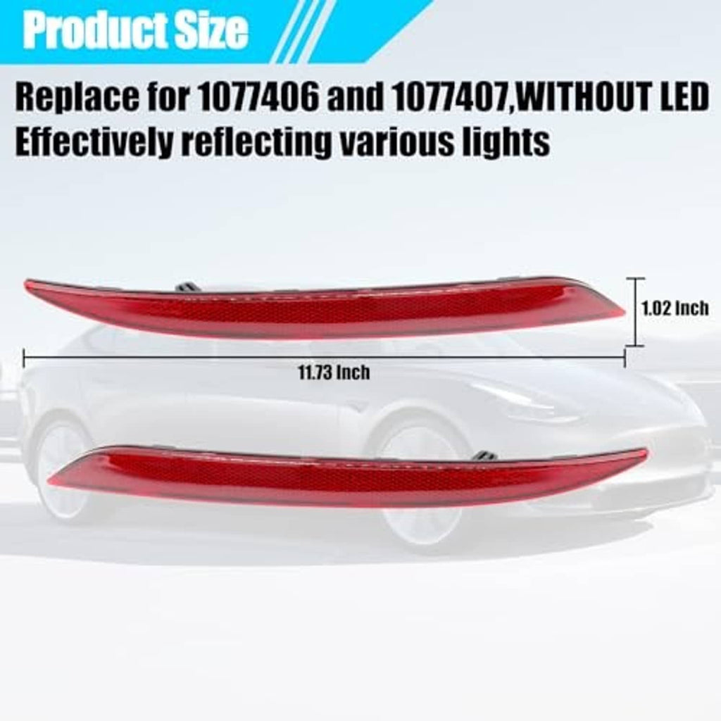Red rear bumper reflector dimensions diagram with overall length and width markers
