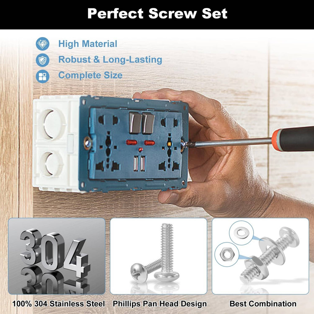 Complete screw set with Phillips pan head screws and stainless nuts and washers