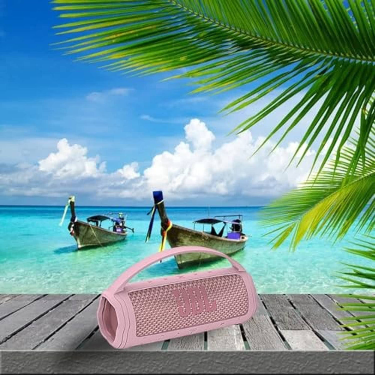 Pink silicone cover case for JBL Flip 6 speaker resting on a wooden surface