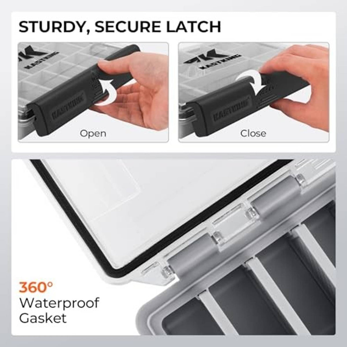 HyperSeal waterproof black tackle box showing secure latch and hinged clear lid.