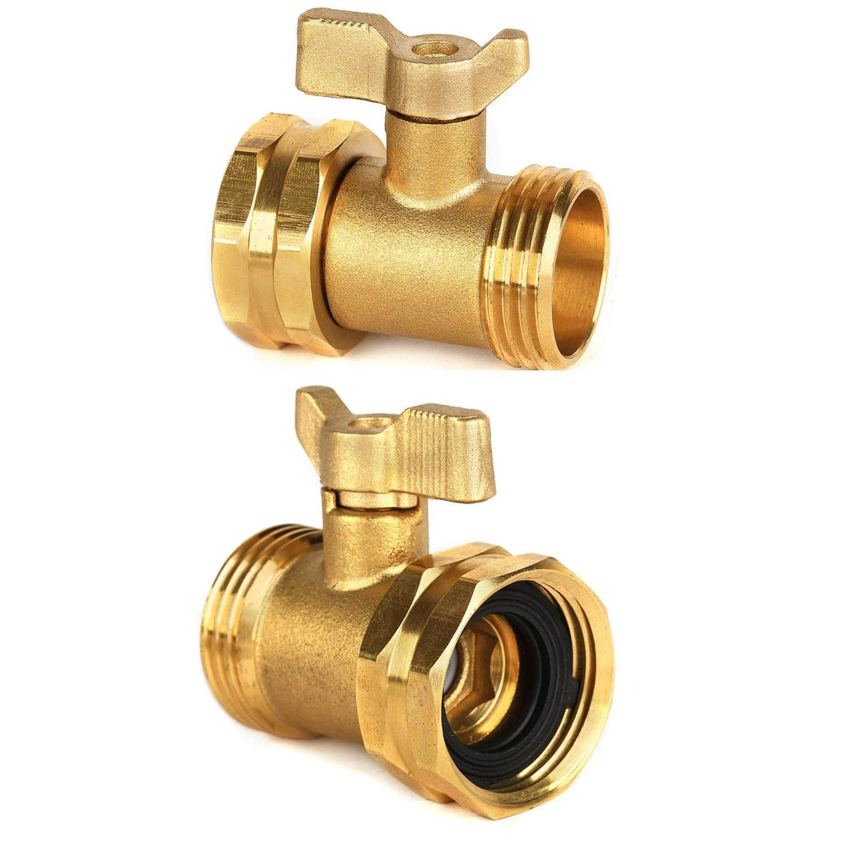 Brass garden hose shut off valve with lever handle, dual threaded ports