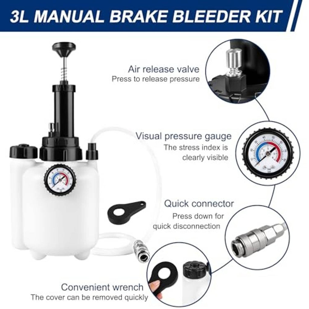Manual brake bleeder kit with pressure gauge, quick connector, and threaded release valve