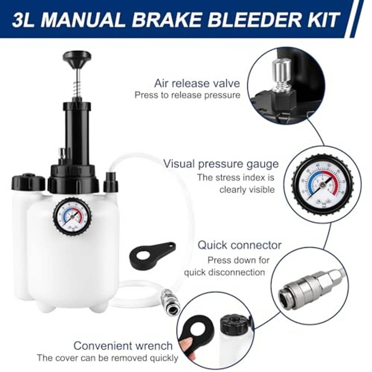 Manual brake bleeder kit with pressure gauge, quick connector, and threaded release valve