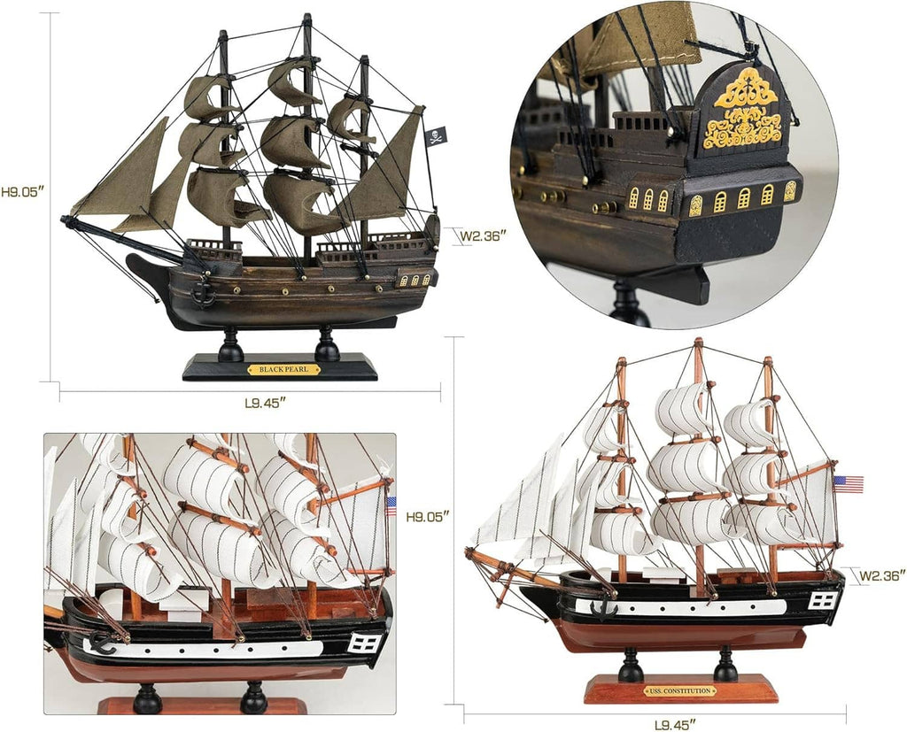 Two wooden sailing ship models with measured dimensions and close-up detail