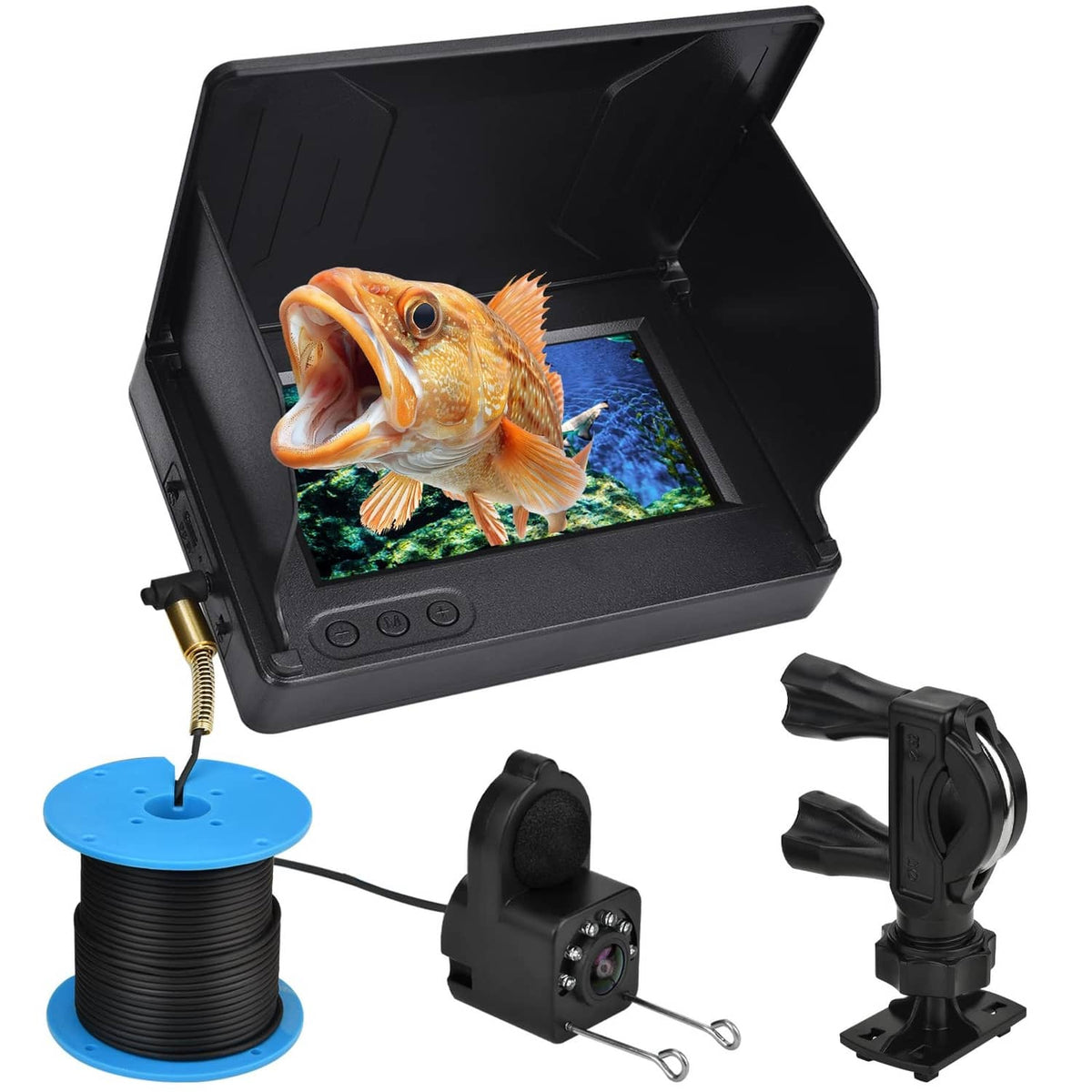 Underwater fishing monitor with screen, cable spool, and black waterproof camera unit