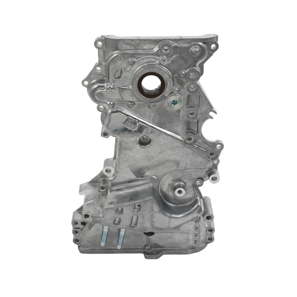 Engine timing cover oil pump assembly, silver metal casting with round seal port and bolt holes