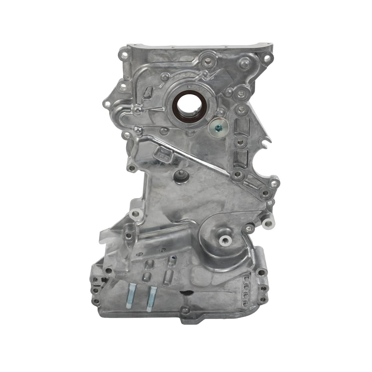 Engine timing cover oil pump assembly, silver metal casting with round seal port and bolt holes