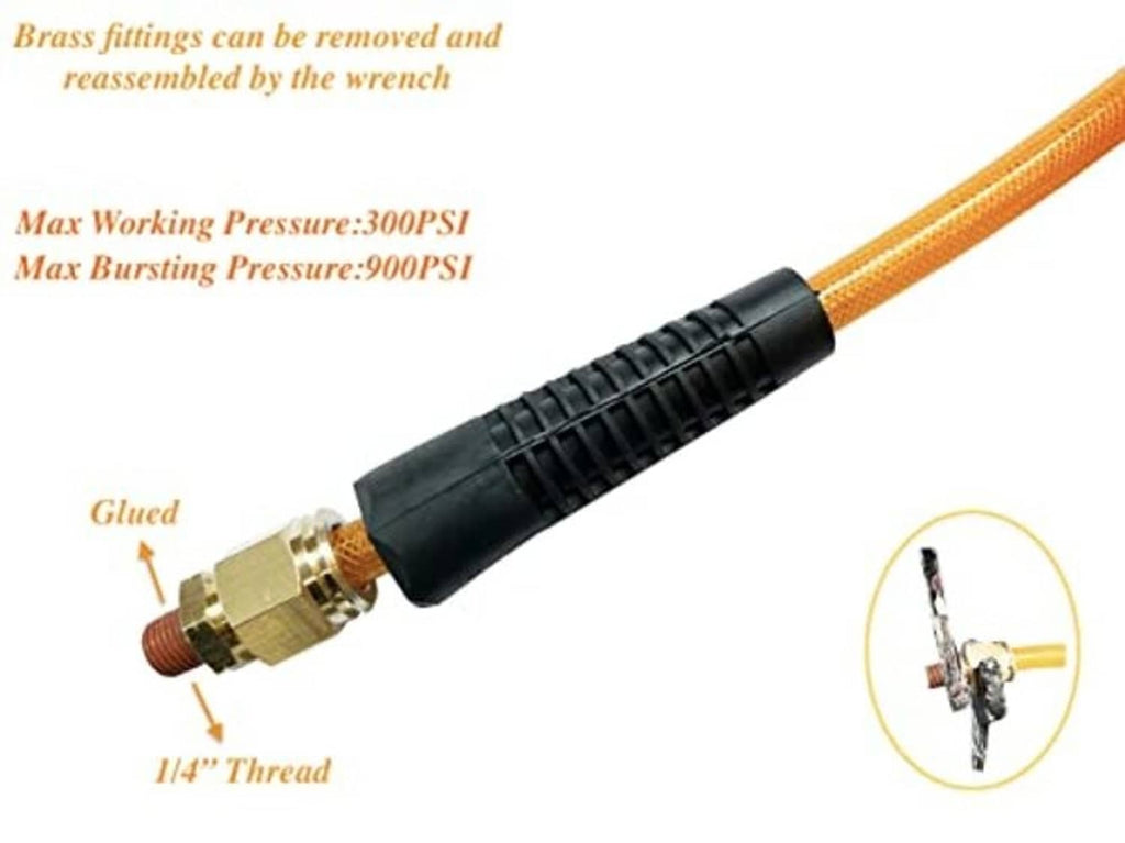 Orange air hose with brass fitting and reinforced black sleeve