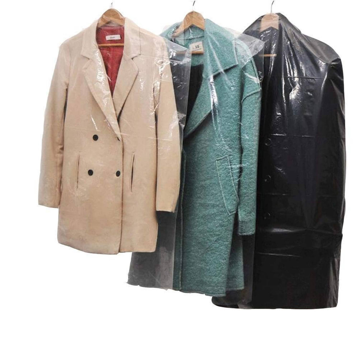 Transparent hanger garment bag with assorted coats: beige, teal, black