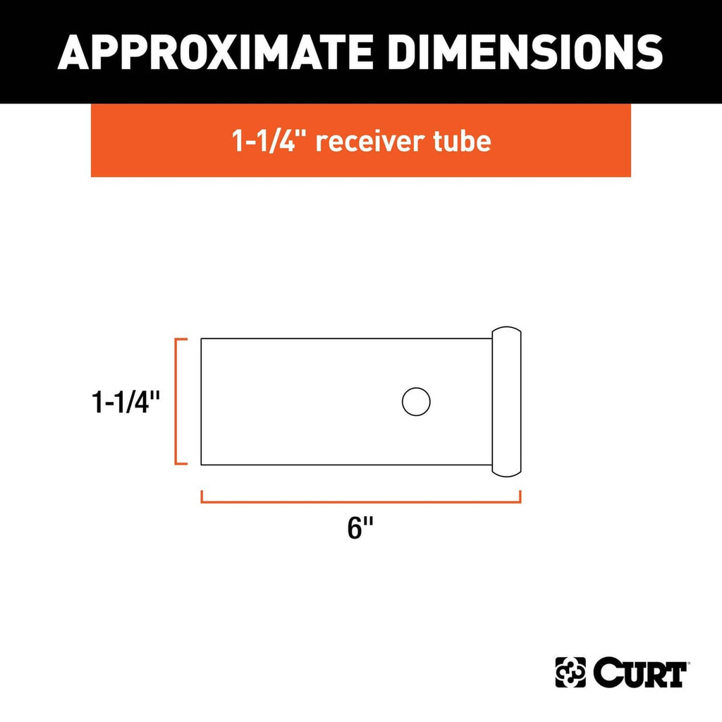 Trailer hitch receiver tube dimensions: 1-1/4 in receiver, 6 in overall length