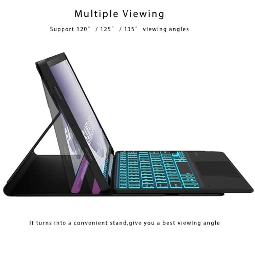 Black tablet keyboard case stand showing multiple viewing angles with cyan backlit keys
