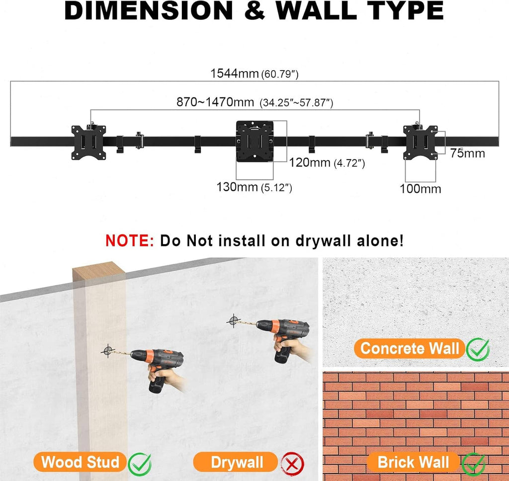 Triple monitor wall mount size diagram with wall type guidance for mounting hardware