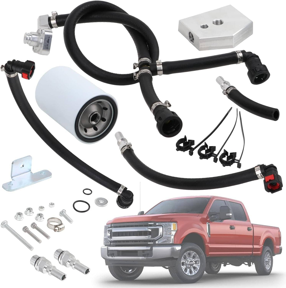 Diesel bypass kit components: black hoses, metal fittings, white canister, mounting bracket